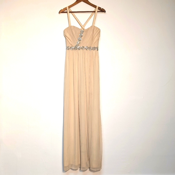 City Triangles Dresses & Skirts - City Triangle Beige Shoulder Strapped Gown w/ Pleated Chest & Side Slit, 7